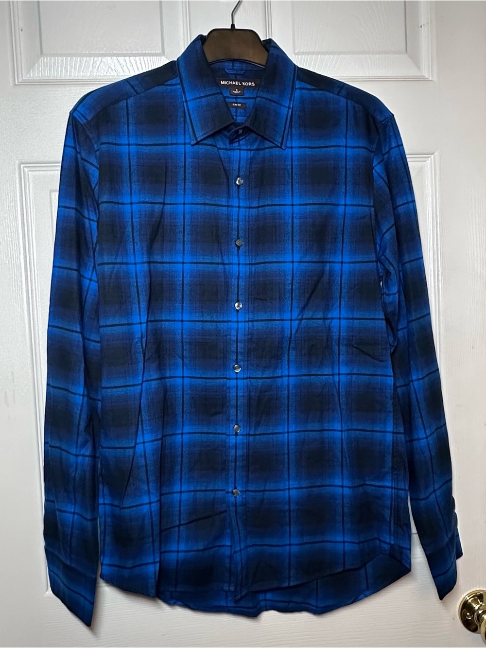 NWOT Michael Kors Slim Fit Long Sleeve Casual Button Up Shirt Blue Plaid Men's S
